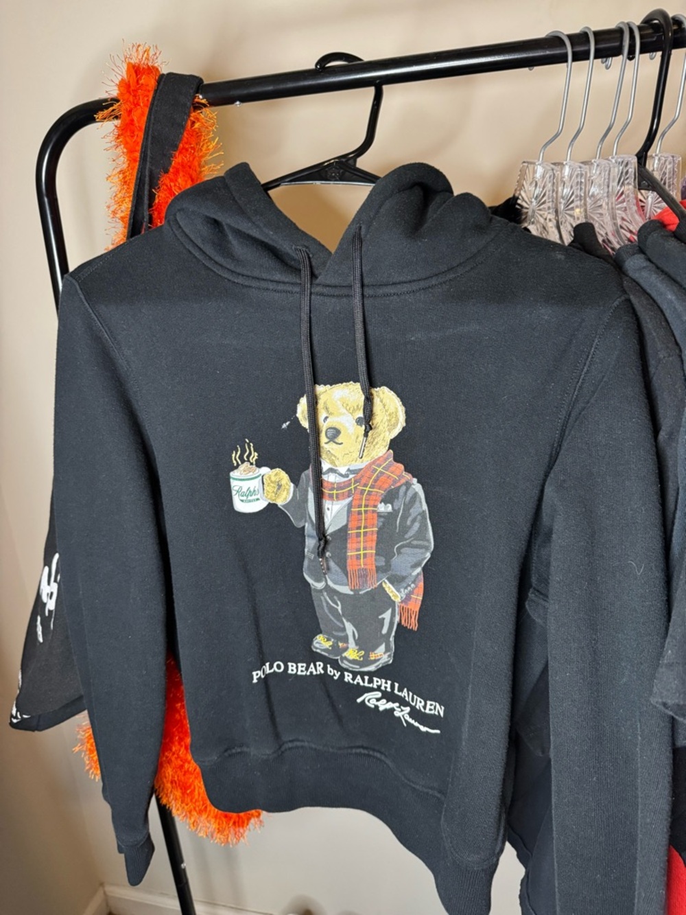 Ralph Lauren Black Polo Bear Crewneck Hoodie with Plaid Scarf Graphic